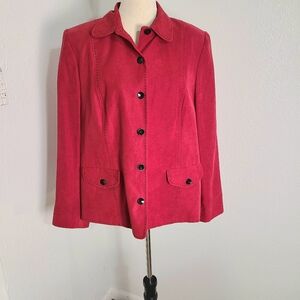 Alfred Dunner Red Faux Suede Button-Up Blazer, Black Thread Trim, Size 14